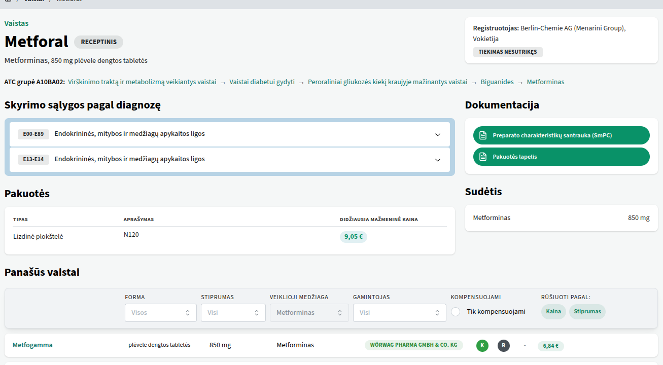 Vaisto informacijos ir sąlygų ekranas
