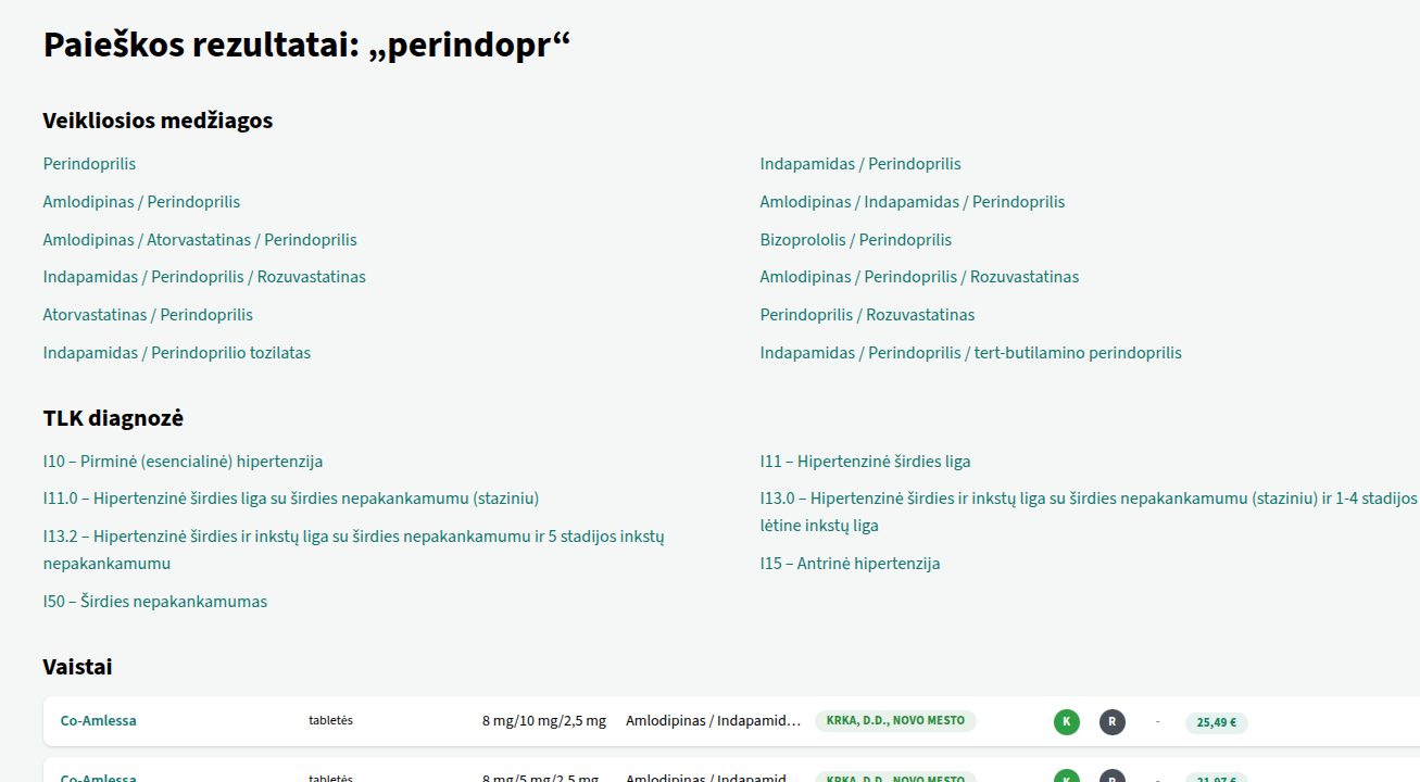Vaistų paieškos rezultatai